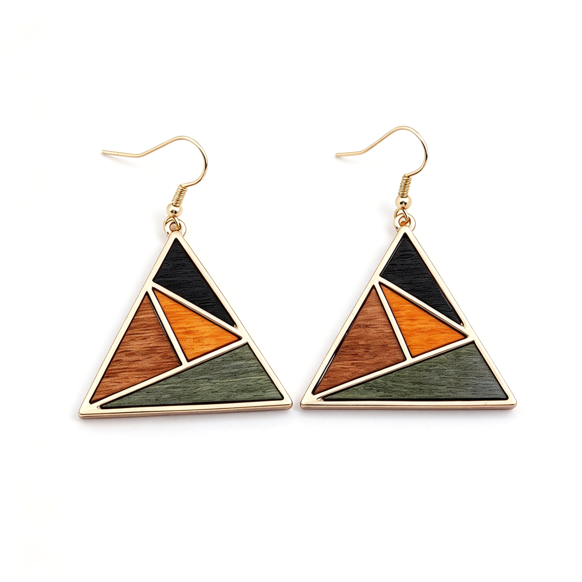 Triangle-shaped geometric earrings with orange, brown, and muted green panels.