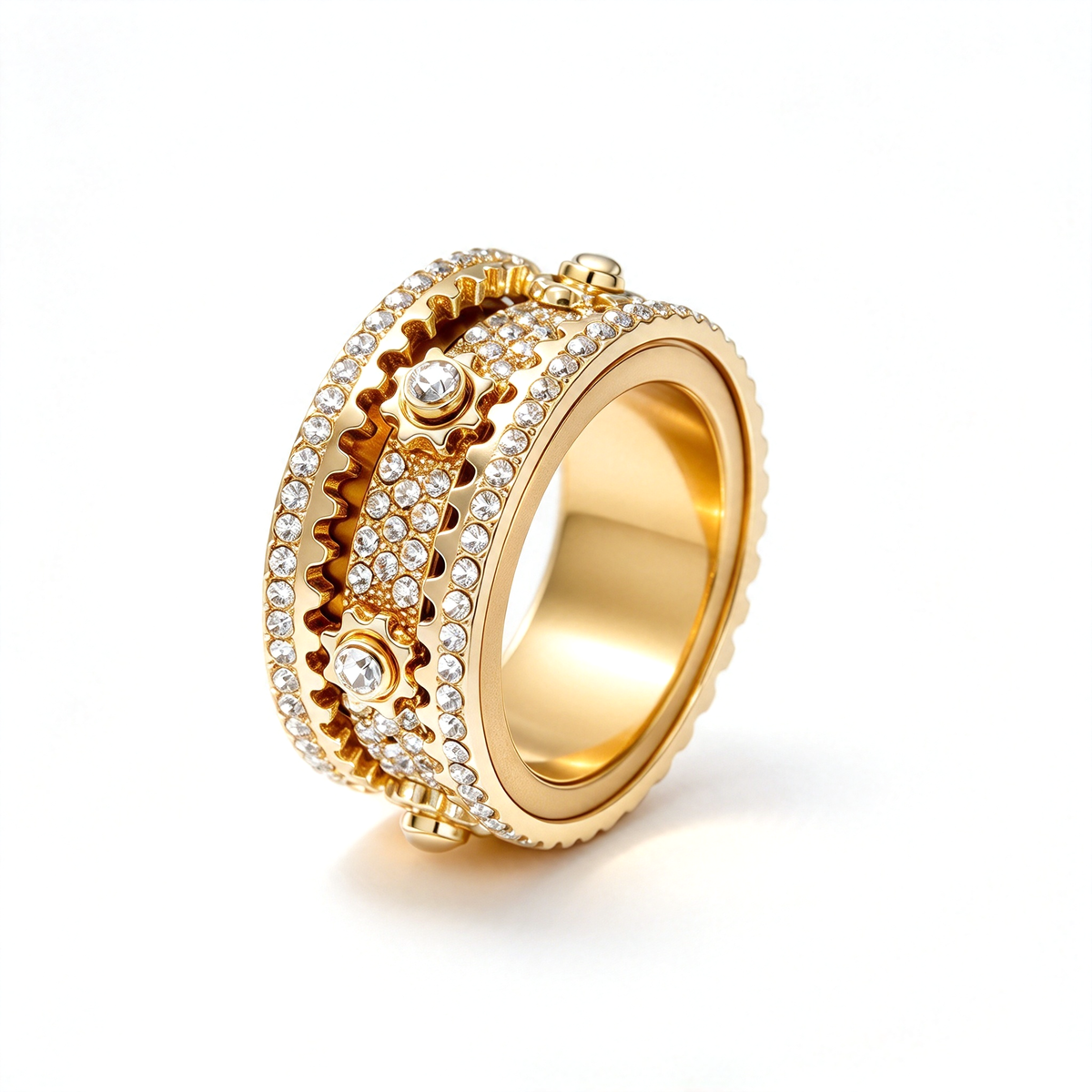 Gold-tone ring shown alone at an angled view, highlighting its raised circular details and patterned bands.