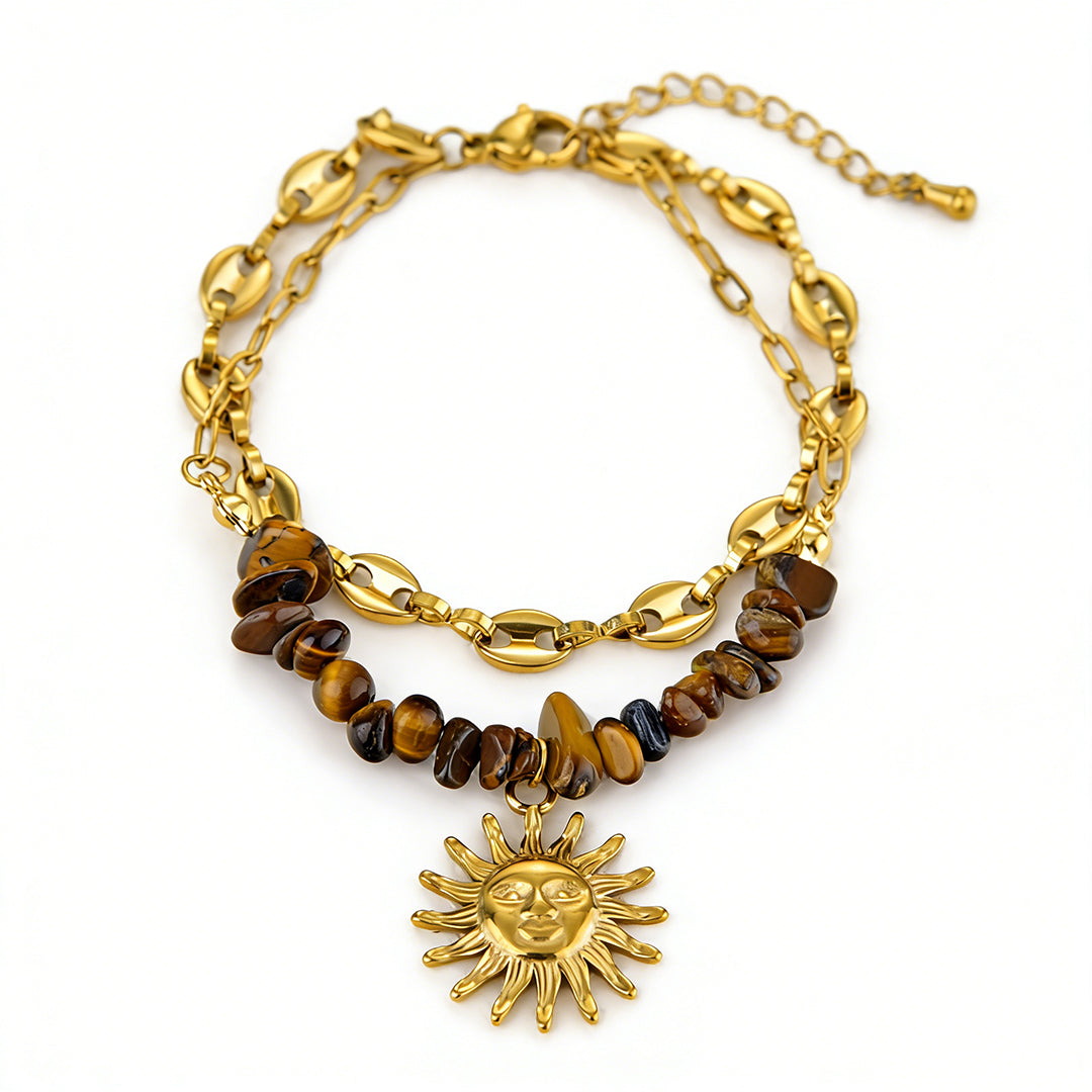 A stunning double-layer gold flower bracelet made of durable stainless steel jewelry featuring a sun pendant.