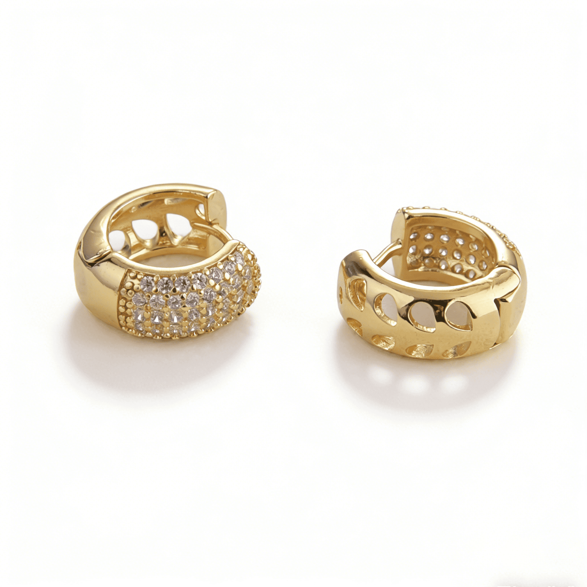 Elegant gold huggie earrings displayed to show both the shimmering pavé front and the geometric hollowed side.