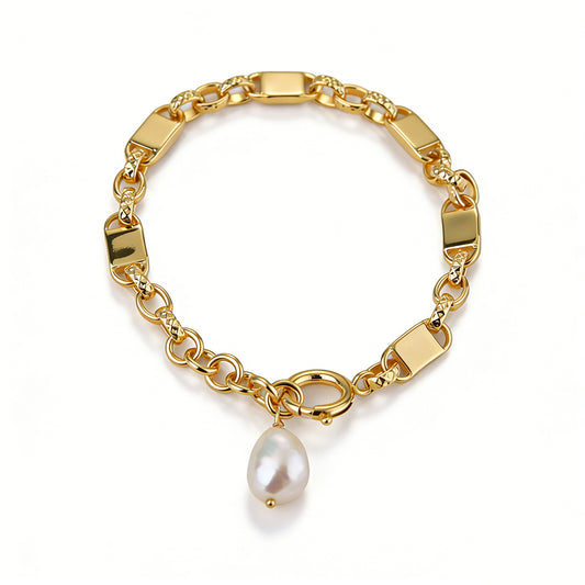 18k gold plated link chain bracelet with a natural baroque pearl pendant.