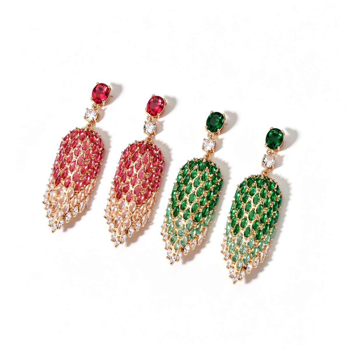 Four gradient fringe drop earrings displayed in rose pink and green color variations