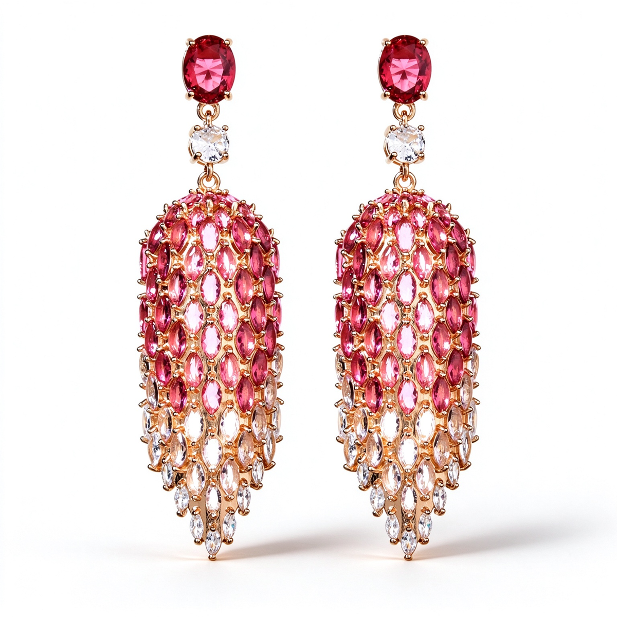 Pair of rose pink gradient marquise fringe drop earrings shown against a white background