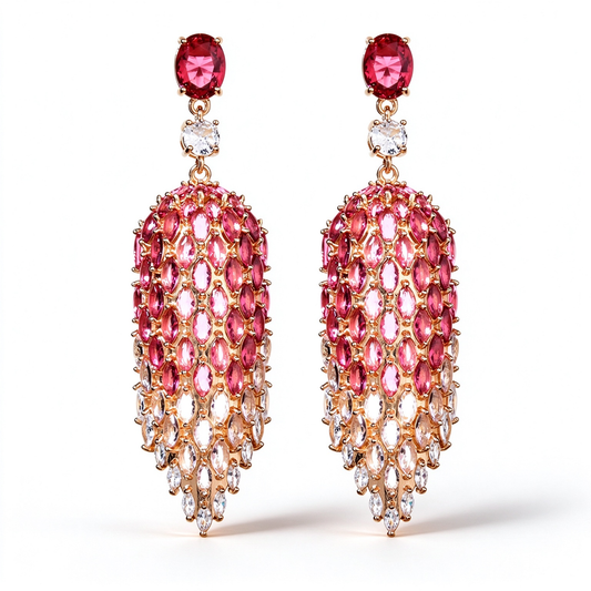 Pair of rose pink gradient marquise fringe drop earrings shown against a white background