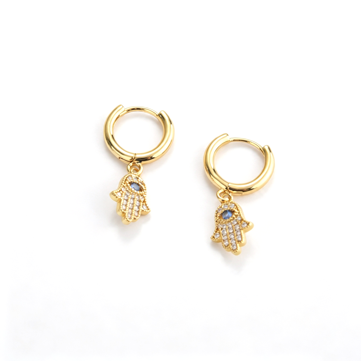 Hamsa hand hoop earrings with blue eye charms and detailed hand motifs