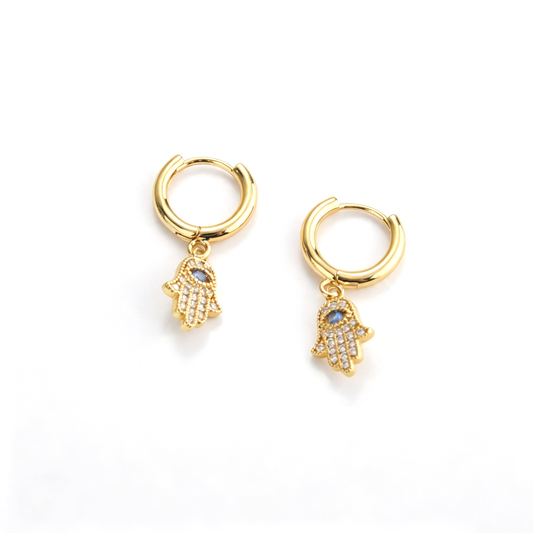 Hamsa hand hoop earrings with blue eye charms and detailed hand motifs
