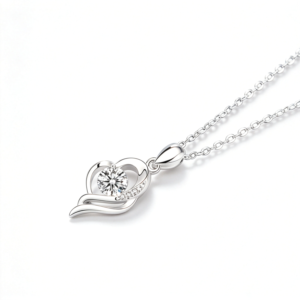 Angled close-up of the necklace chain and pendant attachment, highlighting the curved metal design.