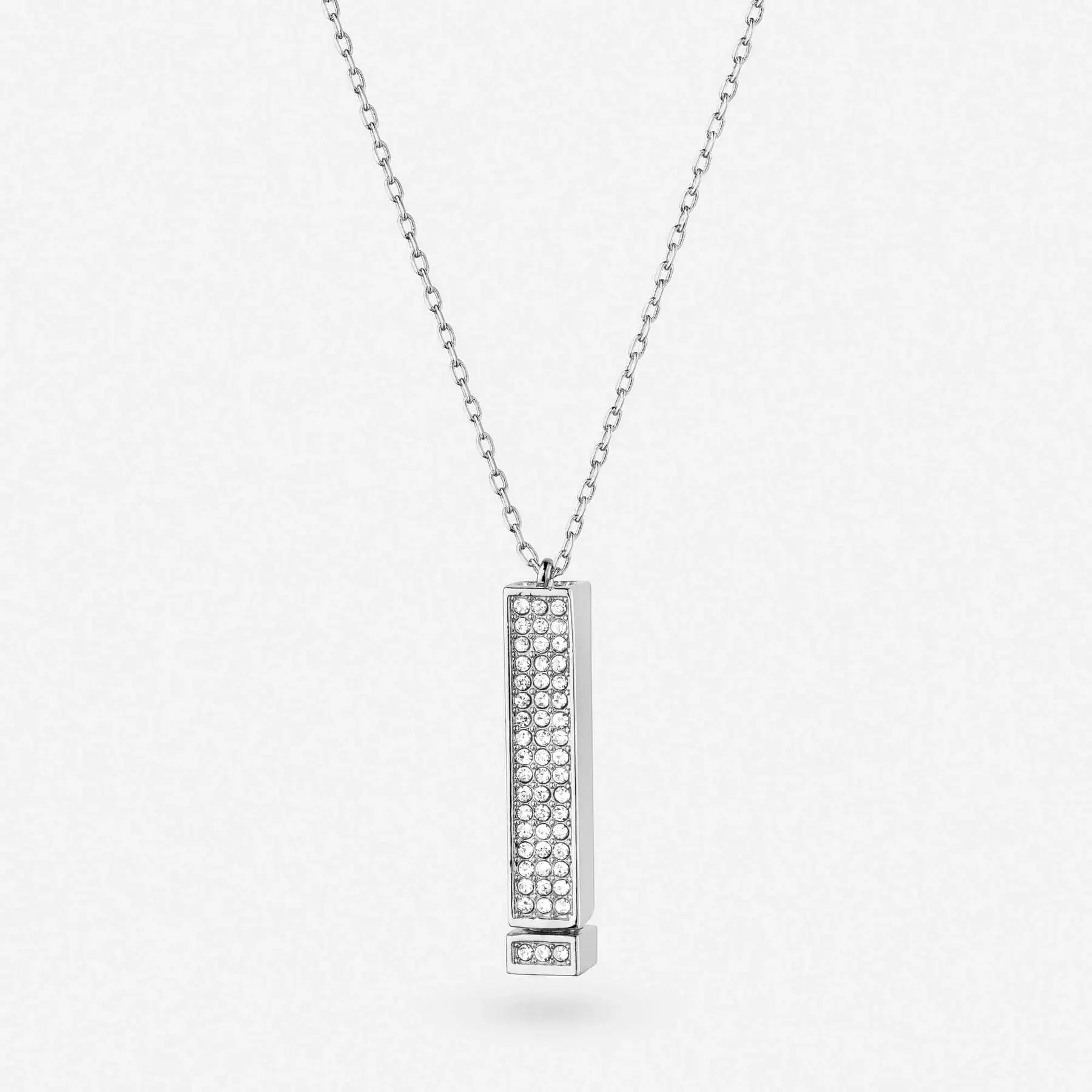 Silver-tone hidden message bar necklace shown closed from the front