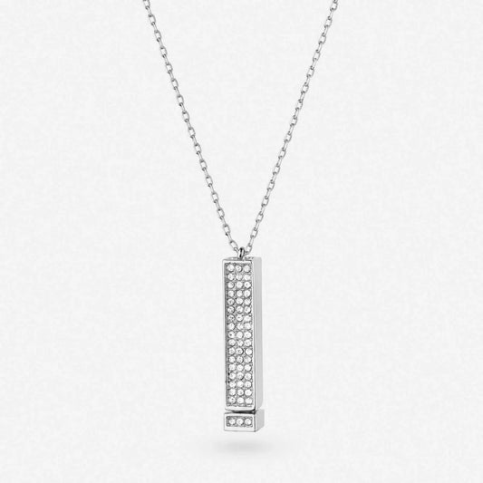 Silver-tone hidden message bar necklace shown closed from the front