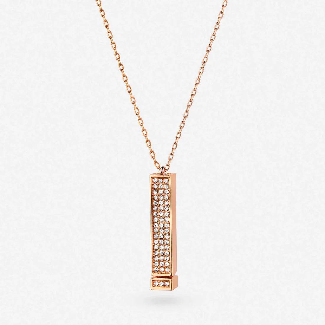 Rose-gold-tone I Love You bar necklace shown closed on white