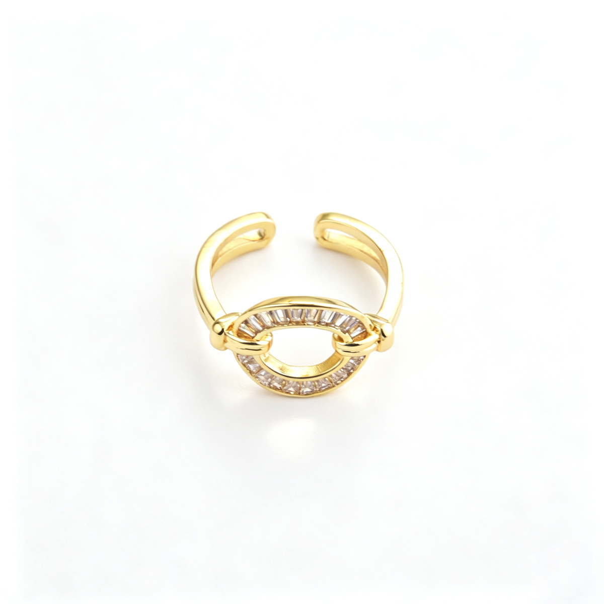Horseshoe cuff ring shown from a front angled view with clear decorative accents