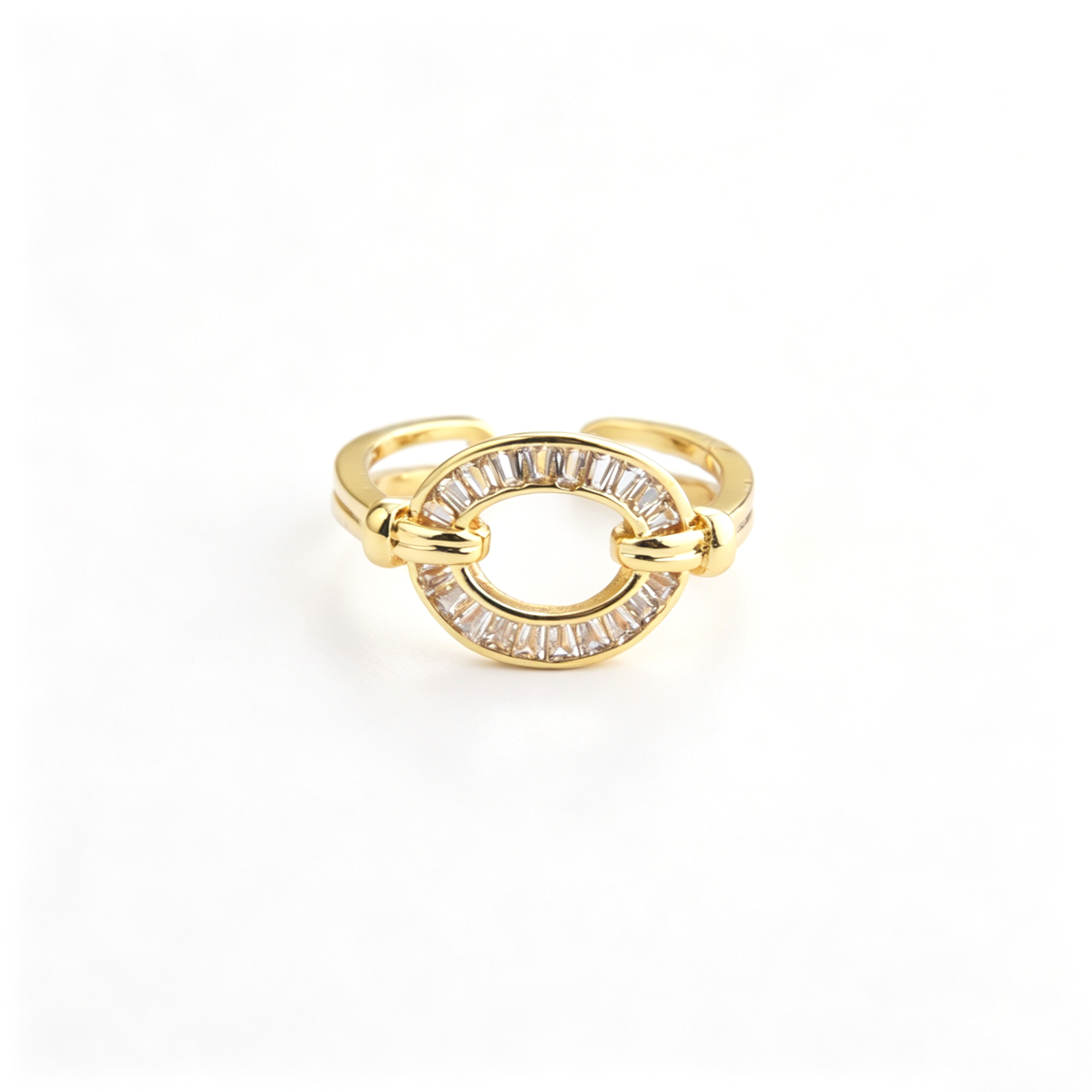 Open cuff ring shown from an angled side view, highlighting the horseshoe centerpiece