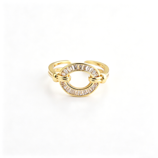 Open cuff ring shown from an angled side view, highlighting the horseshoe centerpiece