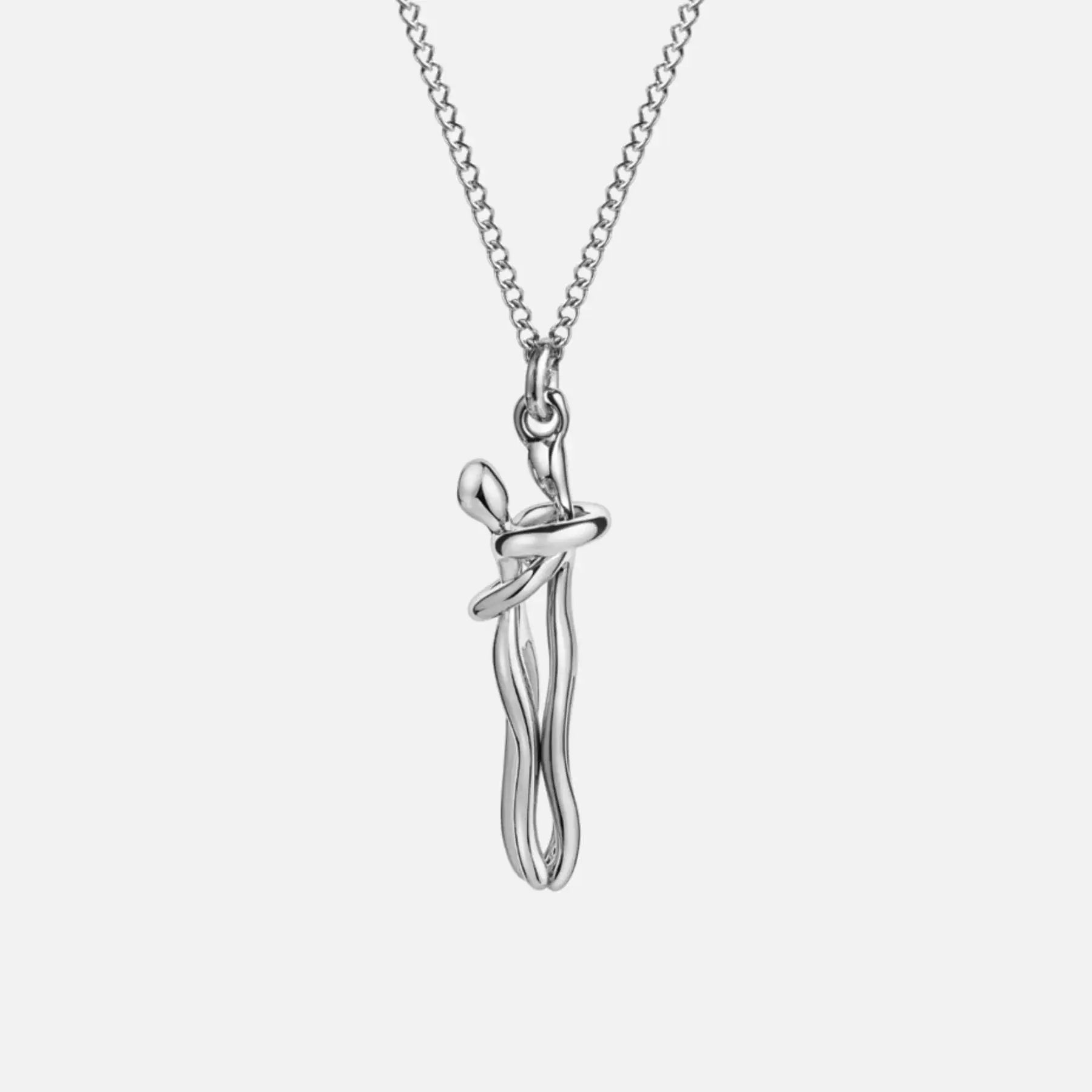 Silver-tone stainless steel hug pendant necklace shown front-facing on white background