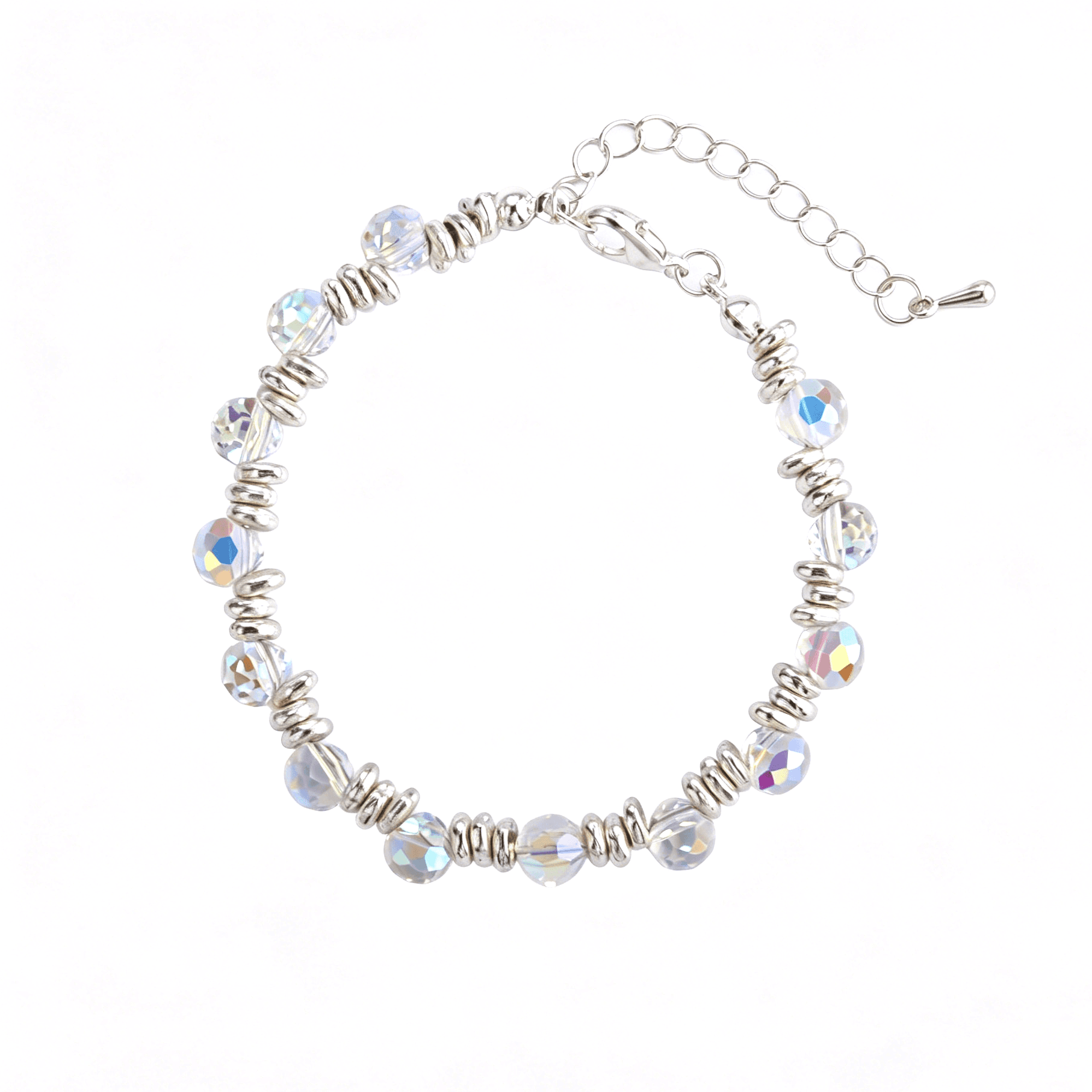 Flat lay profile of the silver-plated beaded clasp bracelet showcasing faceted iridescent AB crystal bulbs and layered metal O-ring spacers.
