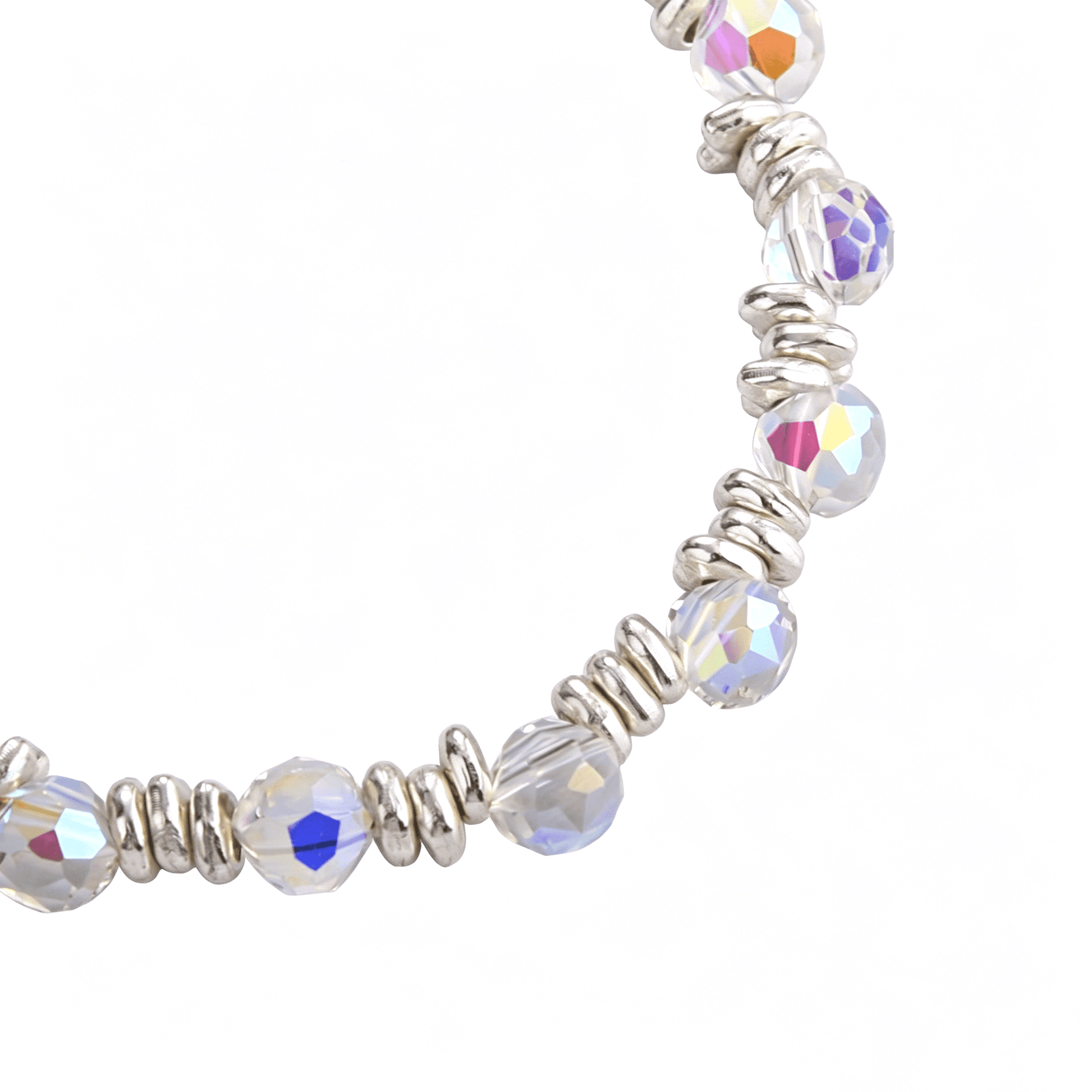 Close-up of the rainbow aurora borealis beads partitioned by polished silver electroplated textured ring spacers.