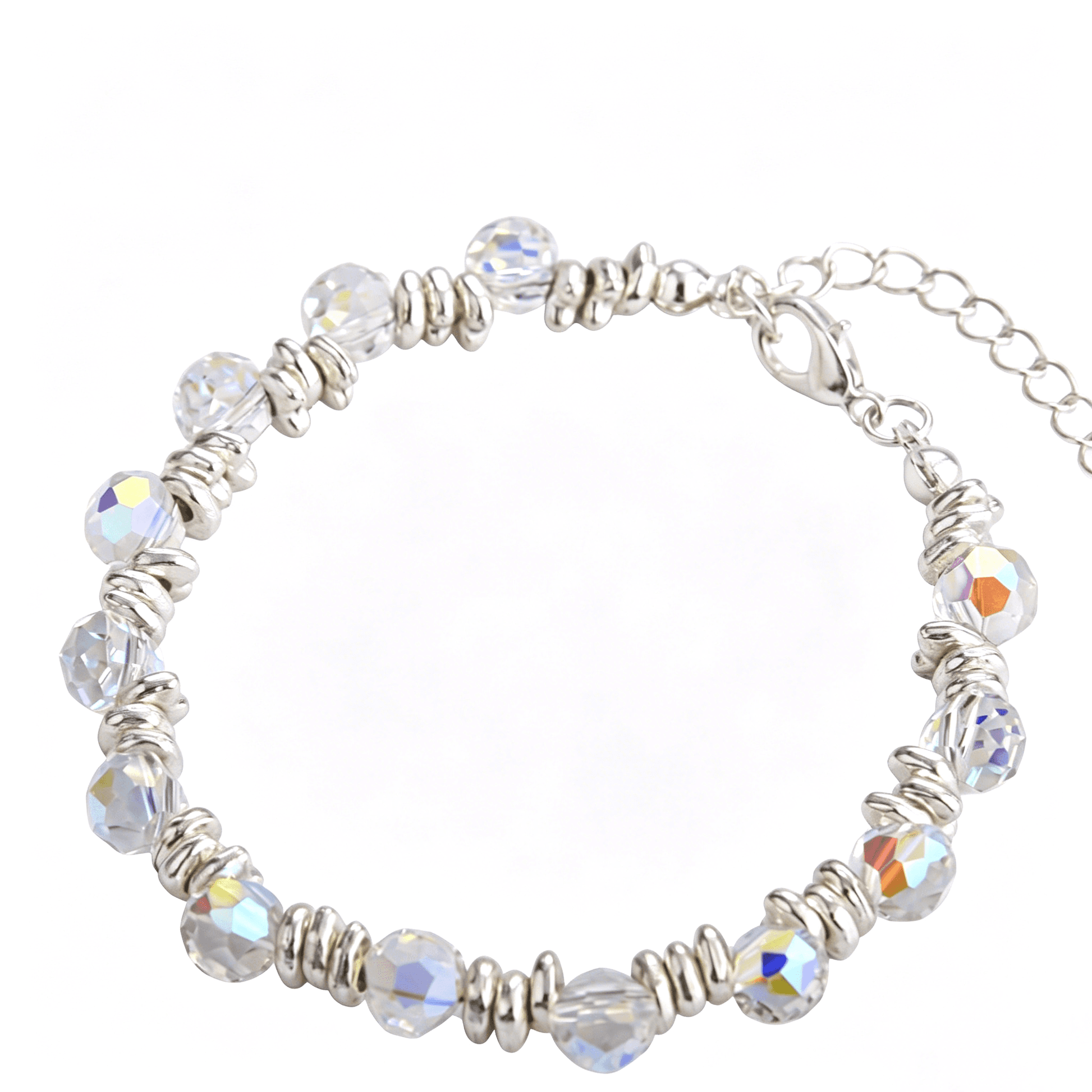 Elegant side perspective of Ever P. non-elastic handcrafted silver-plated holiday style crystal beaded bracelet with a tailored fit.