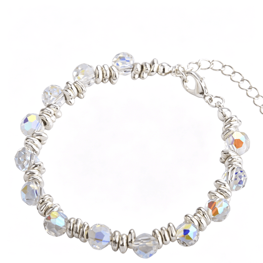 Elegant side perspective of Ever P. non-elastic handcrafted silver-plated holiday style crystal beaded bracelet with a tailored fit.