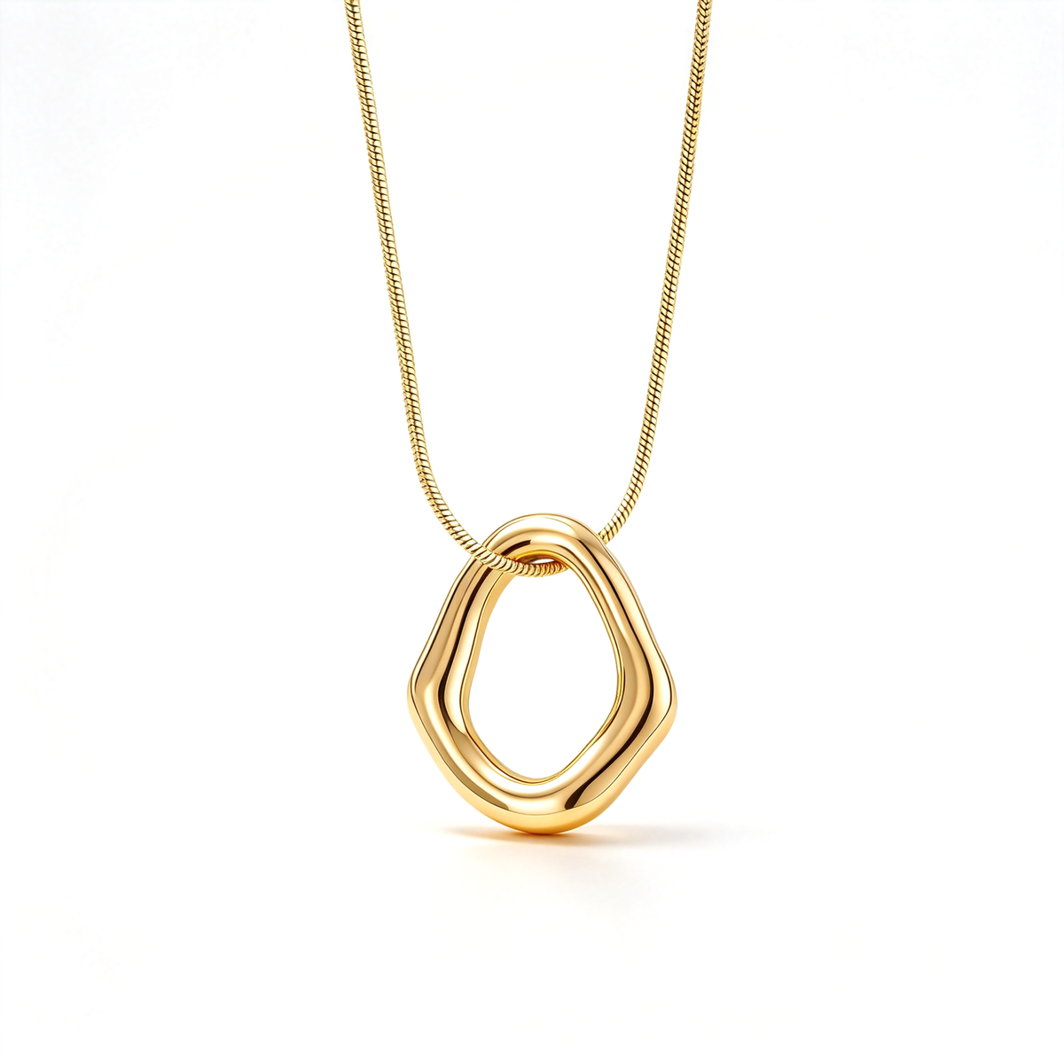 Gold-tone open-loop geometric pendant necklace displayed on a white background.