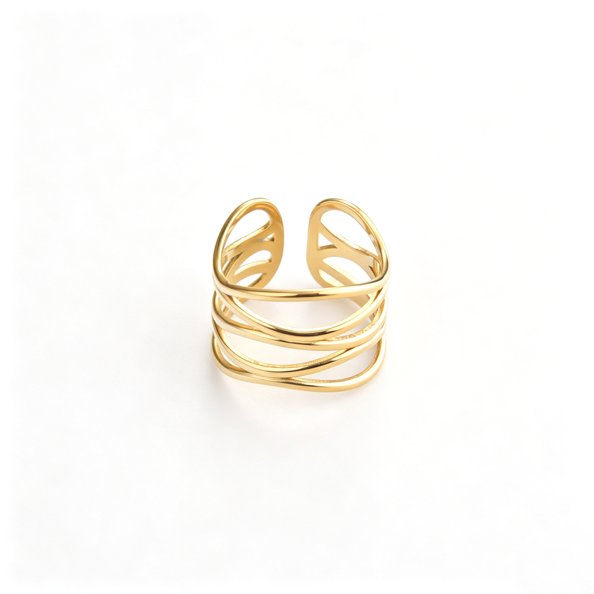 Layered wave cuff ring shown from a front angled view with flowing overlapping bands
