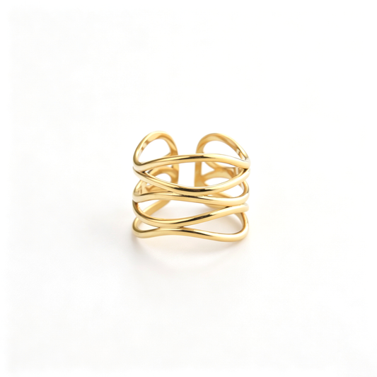 Open cuff ring viewed from above, highlighting the layered bands and open structure