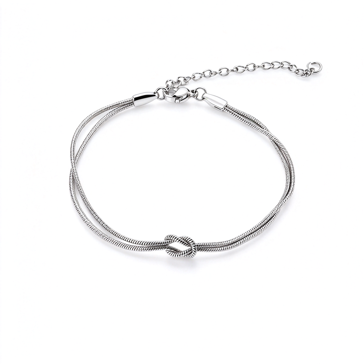 Silver love knot bracelet with a double-strand band displayed on a white background.