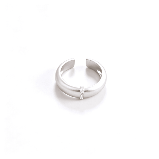 Silver-tone matte zircon adjustable ring shown from above with its open band and tapered profile.