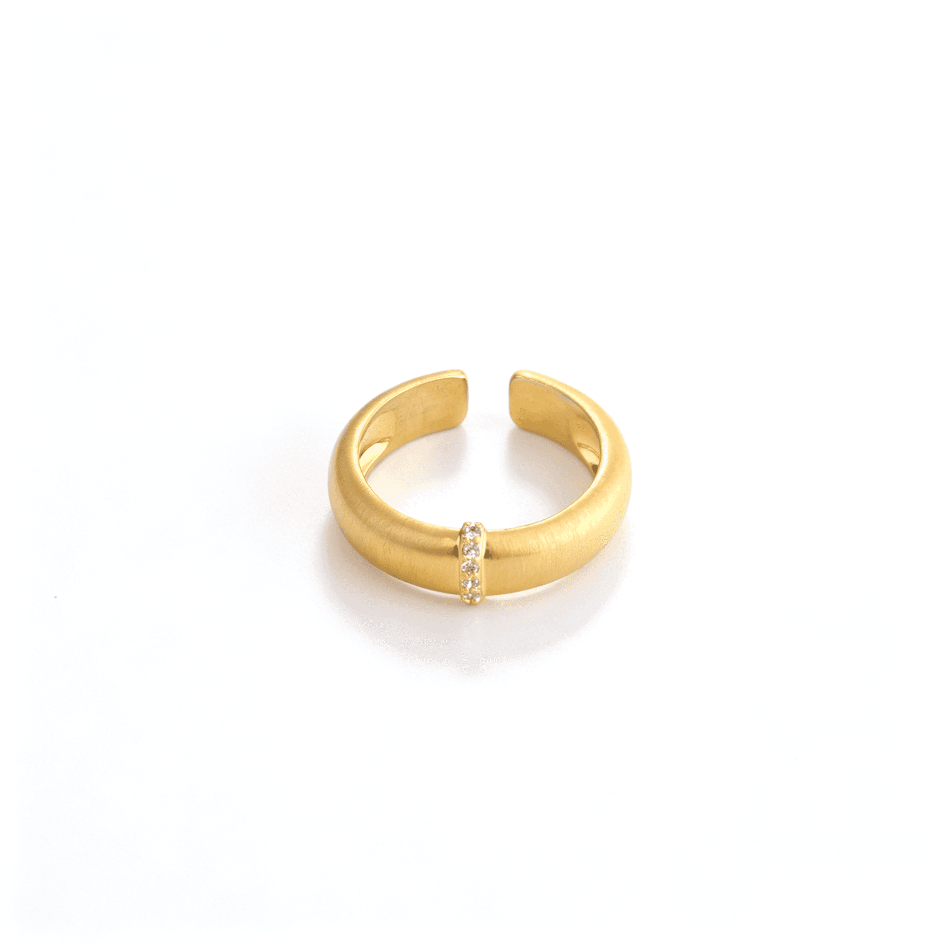 Front view of the gold-tone matte zircon ring with a tapered wide band and centered stone detail.