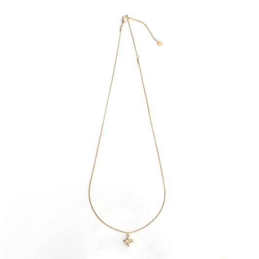 Full-length view of the gold box-chain necklace with adjustable ends and petite flower pendant.