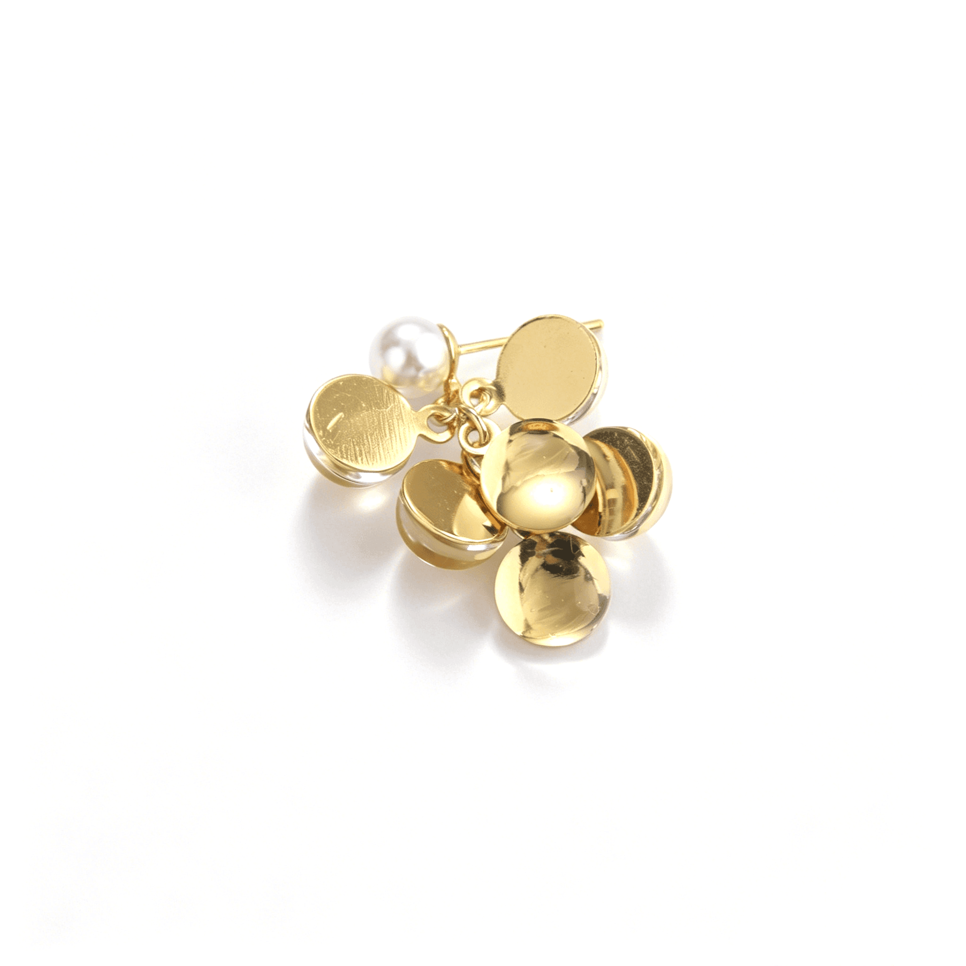 Top profile showcasing the polished gold-plated metallic discs backing the clear Lucite cluster design.