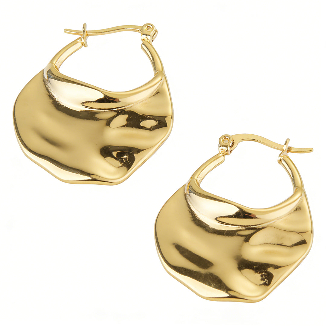 Modern teardrop-shaped gold stud earrings for women with a sleek, voluminous silhouette.