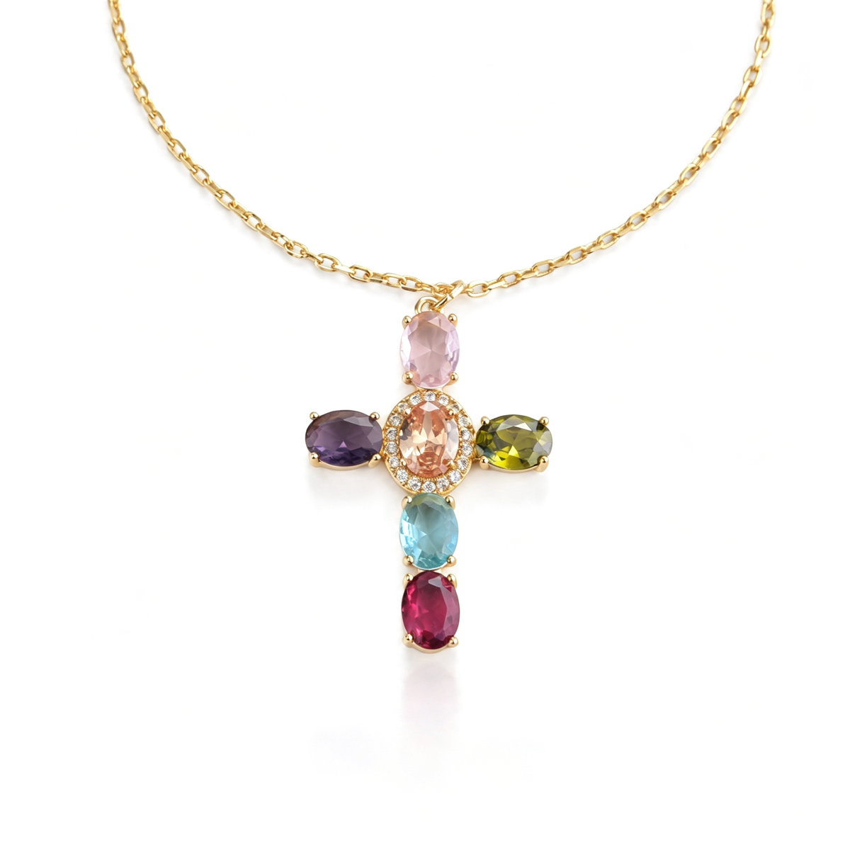 Multicolor cross pendant shown from an angled view with its colorful accents