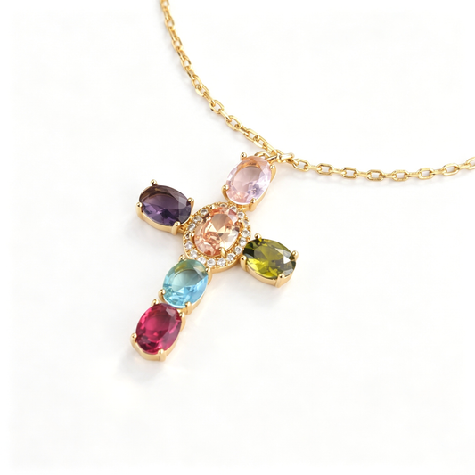 Full view of the cross necklace showing the chain, pendant, clasp, and extension