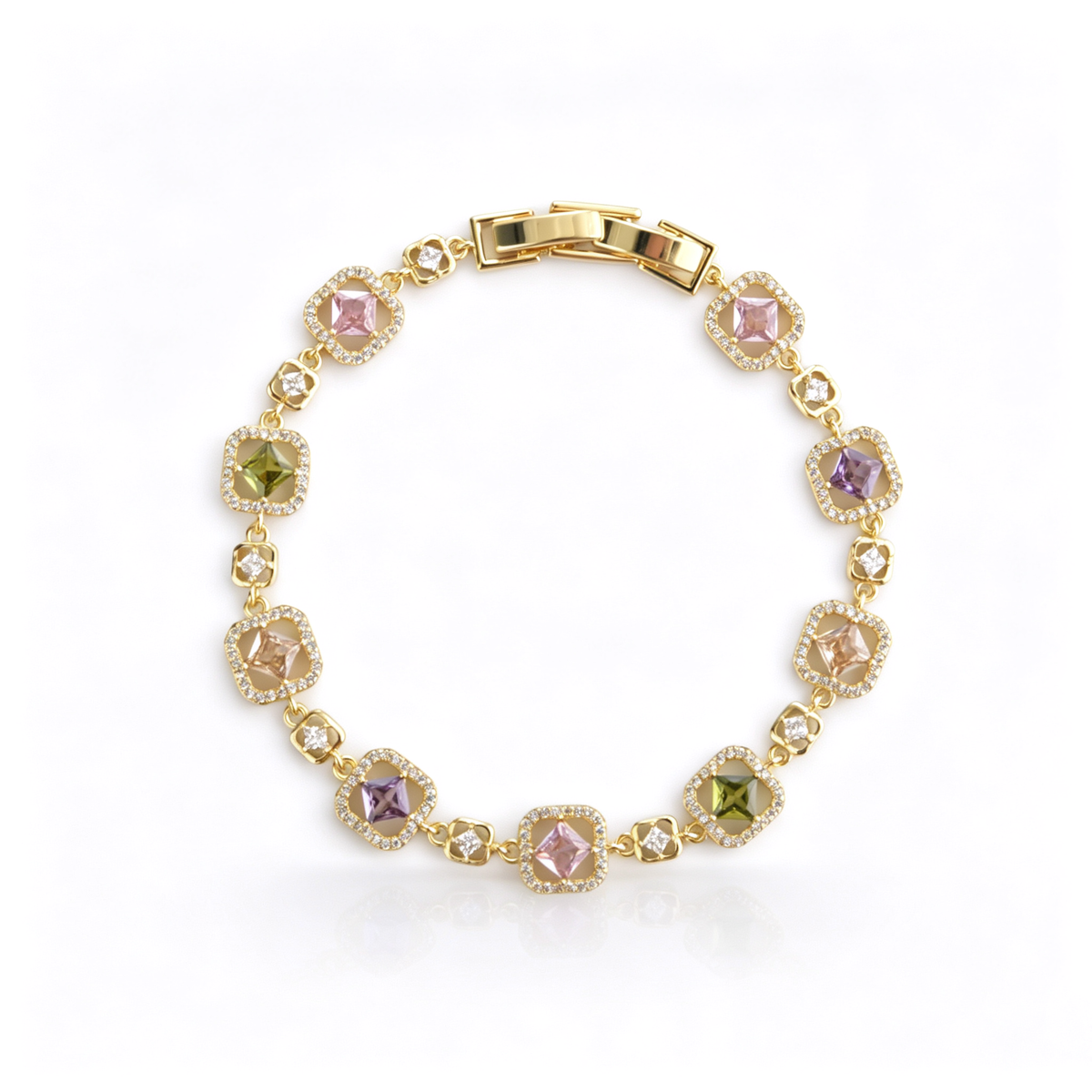 Full top-down view of a multicolor cubic zirconia halo link bracelet arranged in a circle.