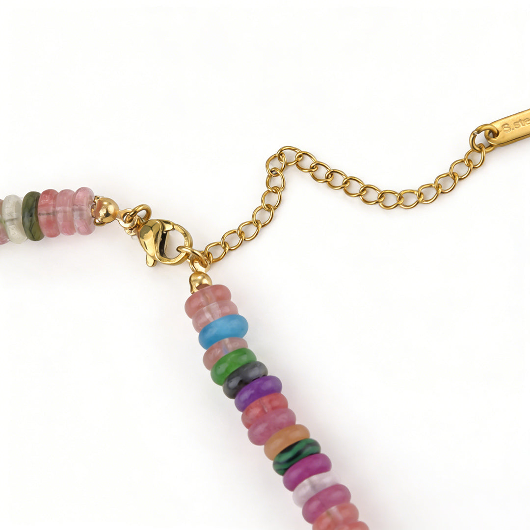 Close-up of natural stone bracelet beads, perfect for layering with other boho accessories.