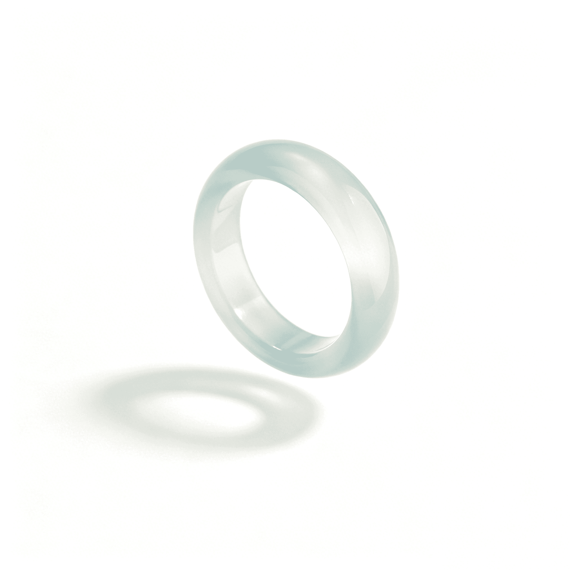 Close-up of an Ever P. oily green chalcedony ring, showcasing its unique translucent quality and rich mossy green tones.