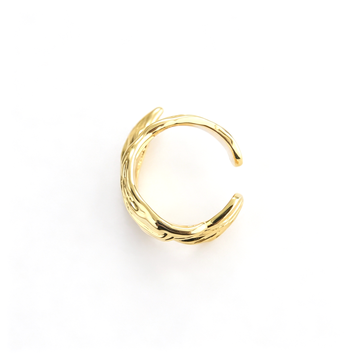 Layered open cuff ring in a front angled view with flowing curved band details
