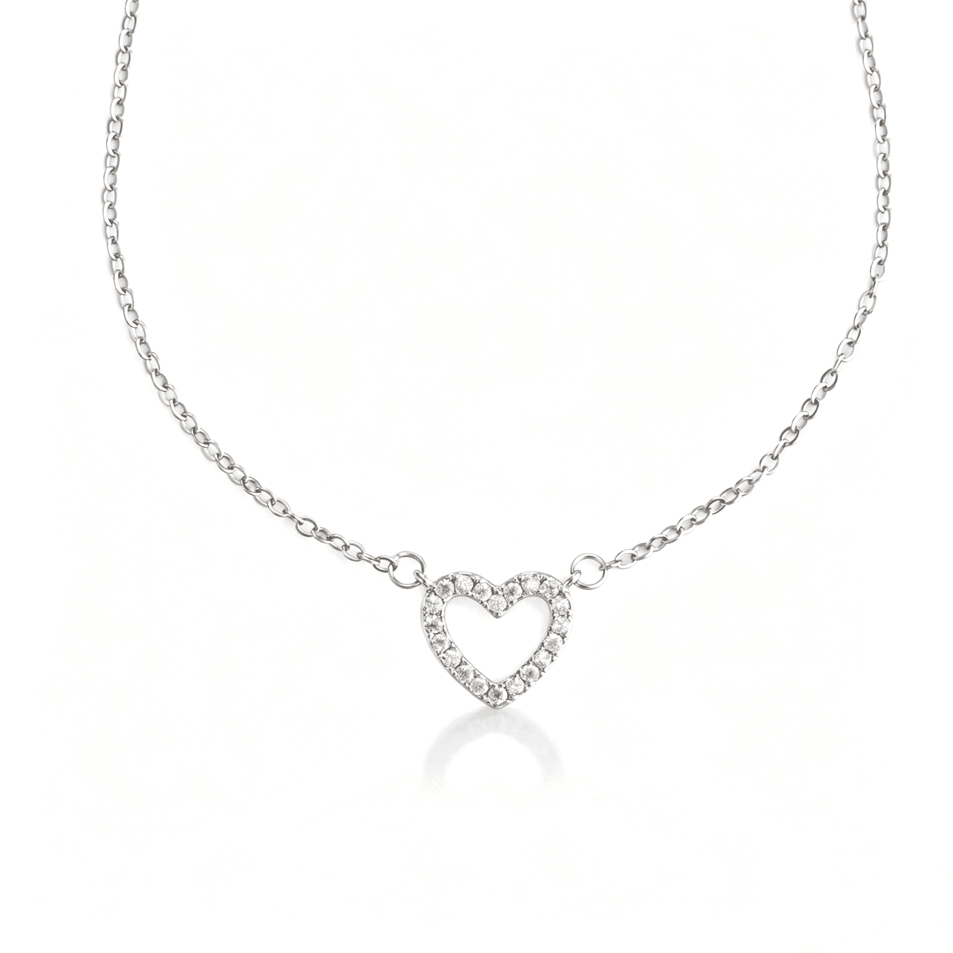 Silver-tone cubic zirconia open heart necklace shown from the front