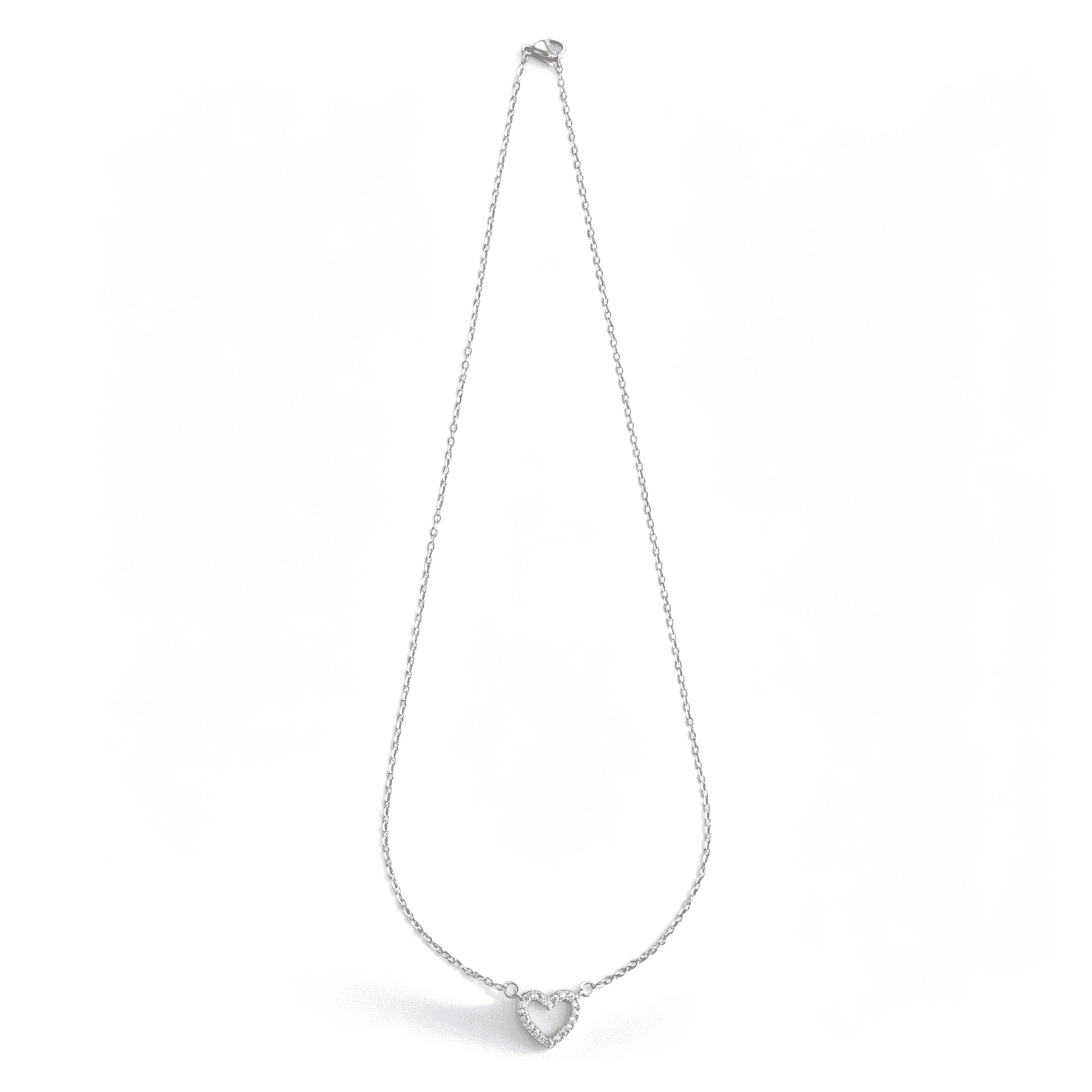 Full-length silver-tone heart pendant necklace with O-link chain and lobster clasp