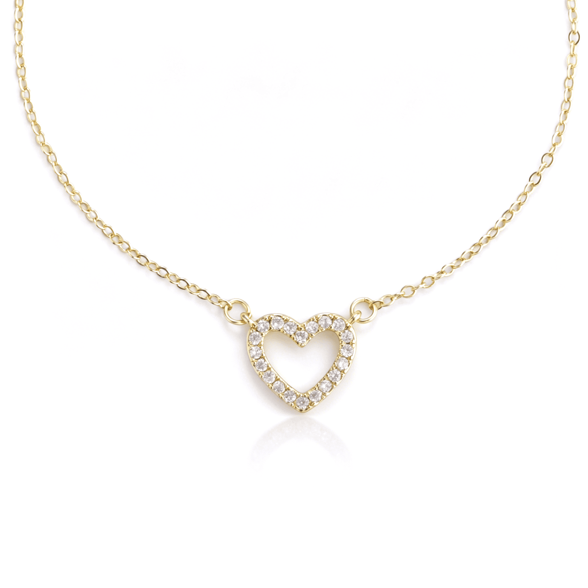 Gold-tone cubic zirconia open heart necklace shown from the front