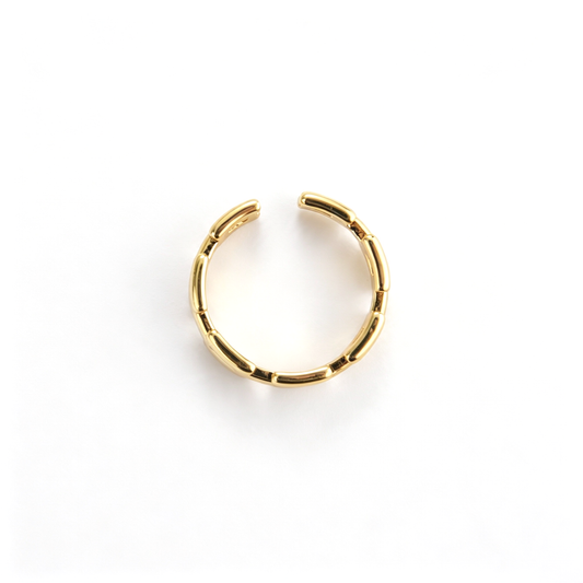 Geometric link cuff ring shown from an angled three-quarter view