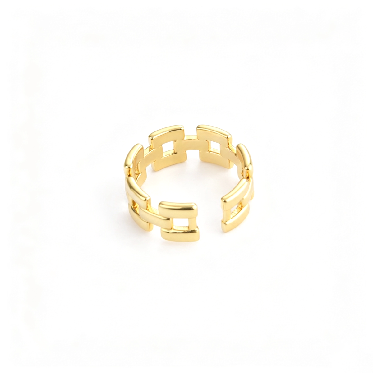 Geometric cuff ring in a front angled view showing the open ends and link details