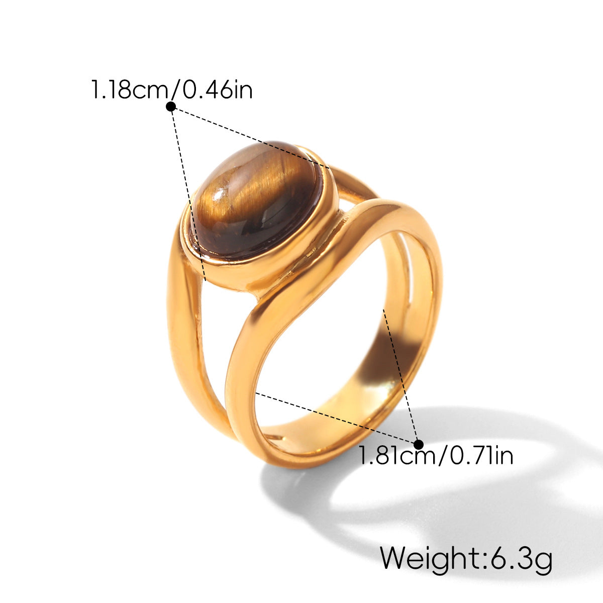 Size reference for the oval centerpiece open band statement ring, showing a 1.81 cm (0.71 in) ring measurement and 1.18 cm (0.46 in) centerpiece.