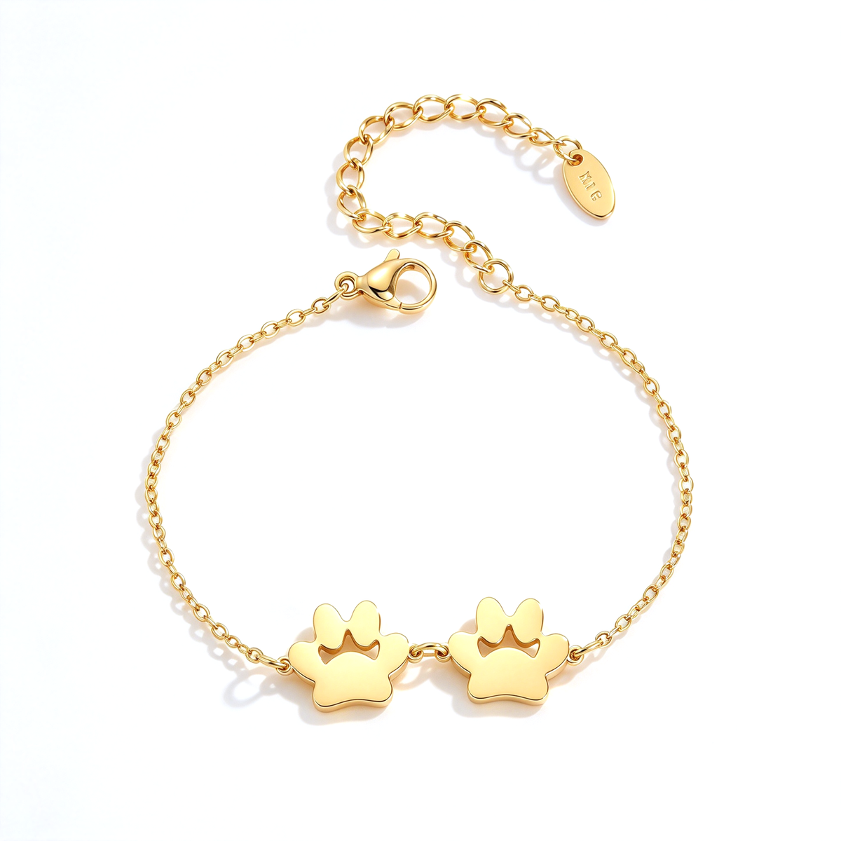Paw print charm bracelet shown flat with two paw-shaped charms and an adjustable chain.