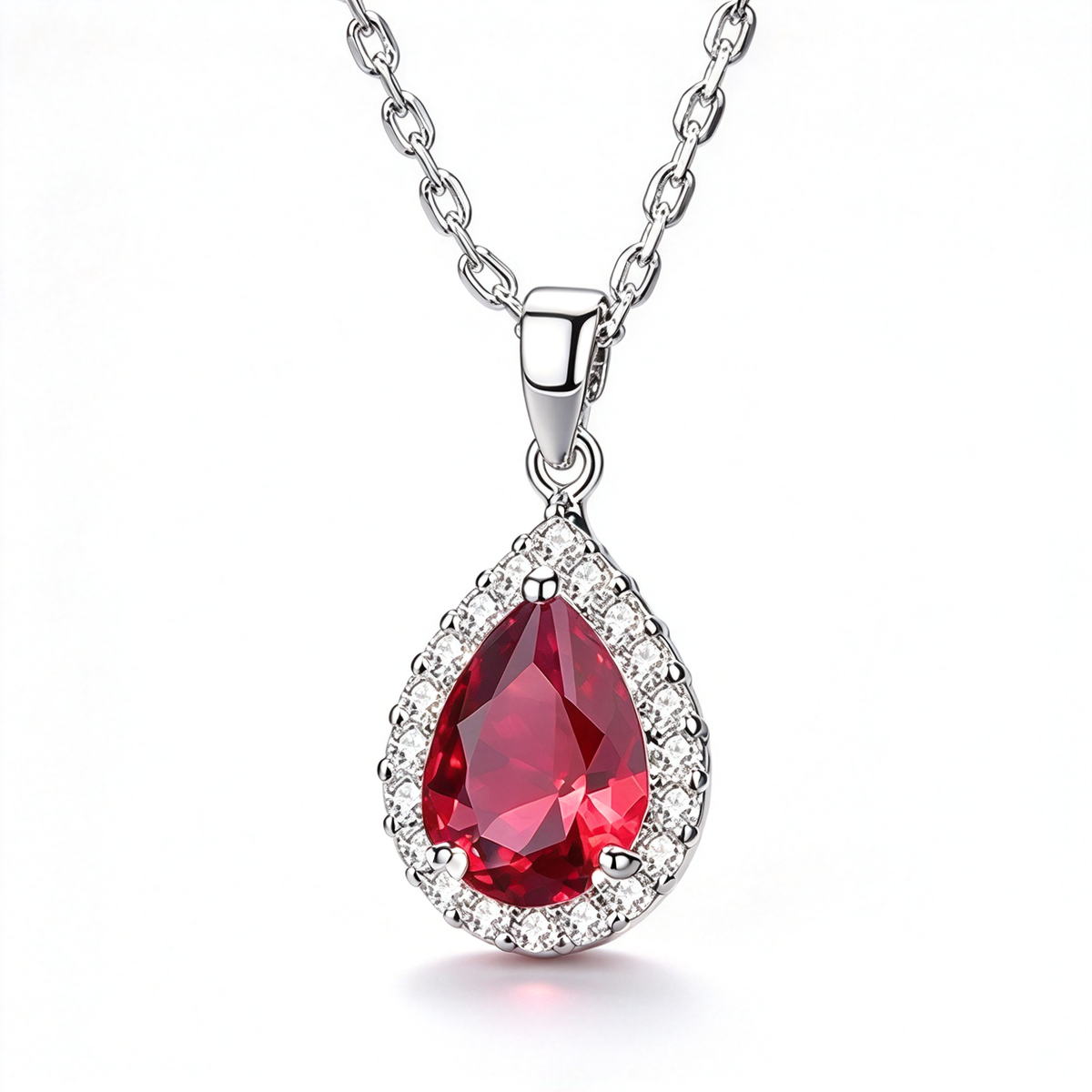 Red pear-shaped pendant necklace with a faceted centerpiece and a sparkling halo design.