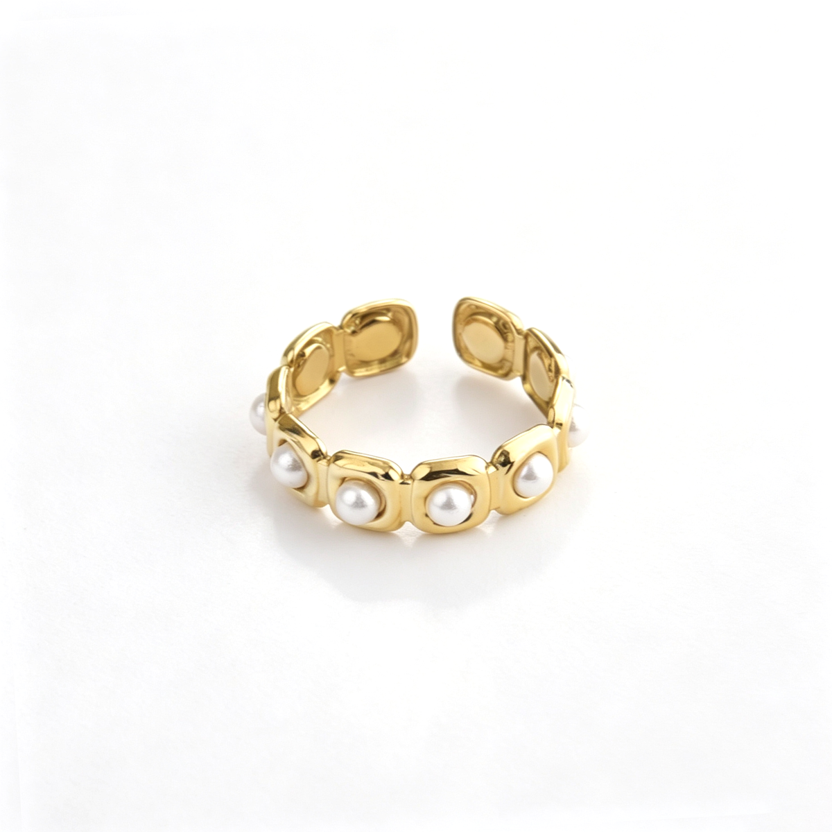Pearl accent cuff ring shown from an angled rear view with the open band structure