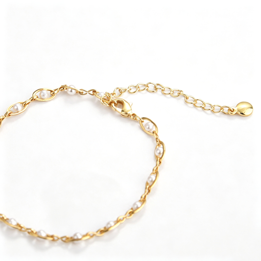 Close-up of oval bracelet links showing the white bead accents and chain detail