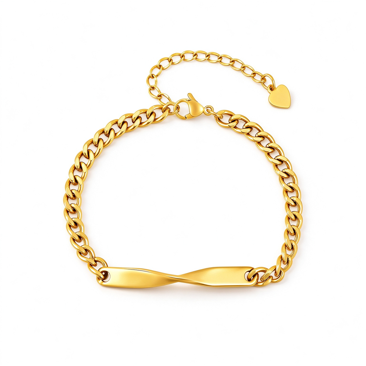 Personalized couple bracelet with a polished nameplate and chunky chain, shown in gold tone on a white background.