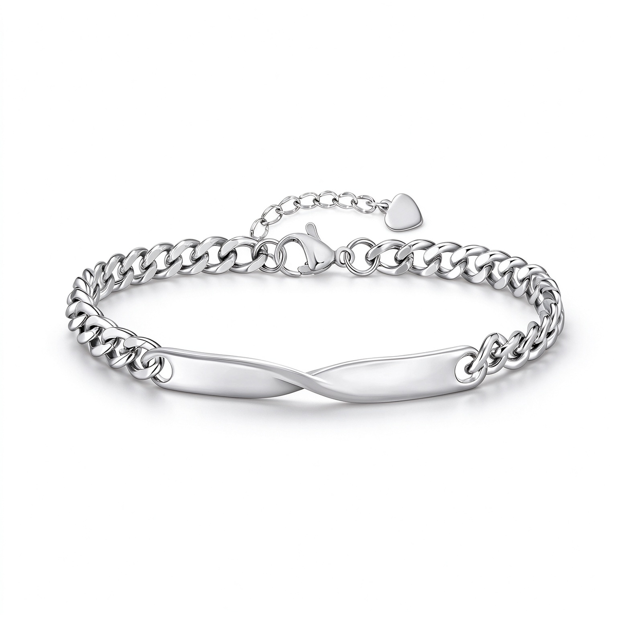 Silver-tone couple bracelet arranged in a circle to show its curved nameplate and linked chain design.
