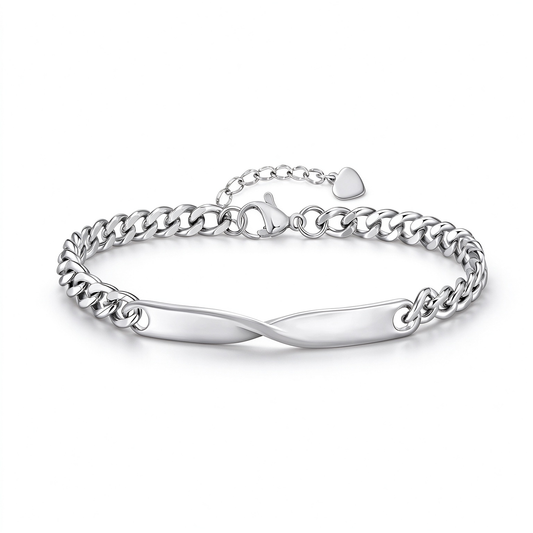 Silver-tone couple bracelet arranged in a circle to show its curved nameplate and linked chain design.